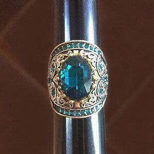 New - Large London Blue Topaz Stainless Steel Two Tone Ring - Size 7.5 or 9.5